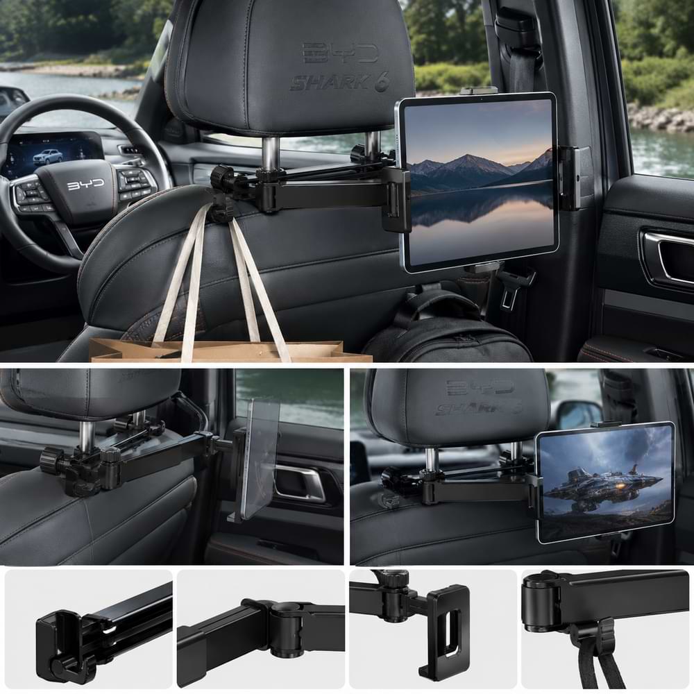 Black rear seat tablet and phone holder mounted inside BYD Shark 6 interior