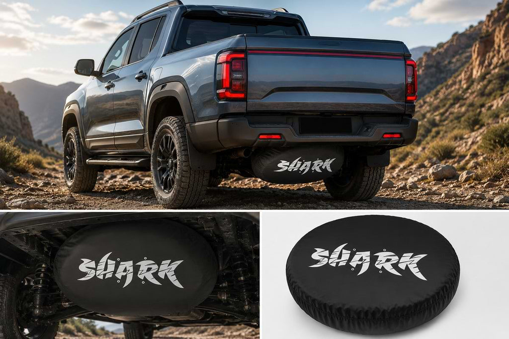 BYD Shark 6 spare tire cover with Shark logo mounted under pickup truck chassis