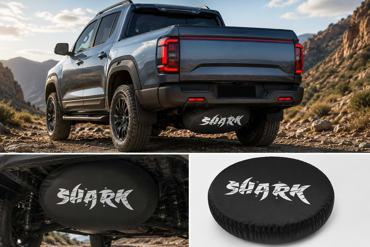 BYD Shark 6 spare tire cover with Shark logo mounted under pickup truck chassis