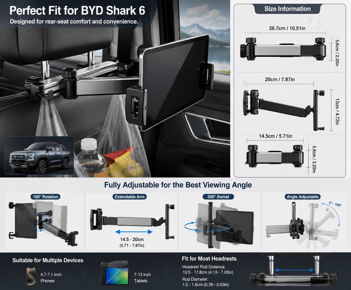 BYD Shark 6 rear seat tablet holder size guide with adjustable viewing angle and measurement details