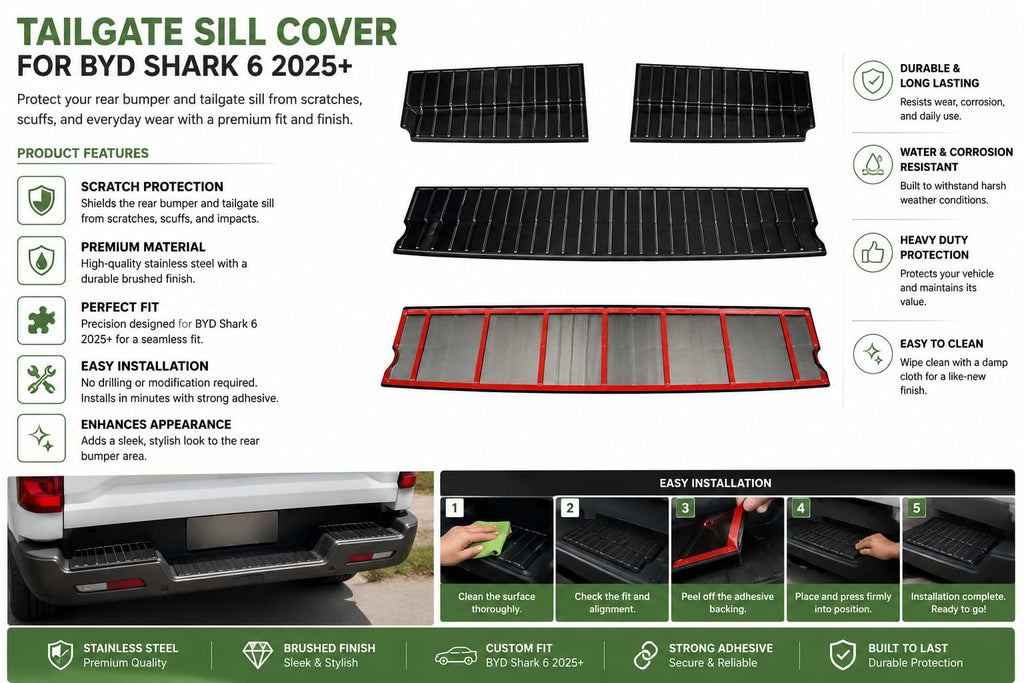 Installation guide infographic for BYD Shark 6 tailgate sill cover rear bumper protector
