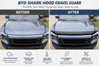 Before and after comparison of BYD Shark hood with gravel guard installed for bonnet protection