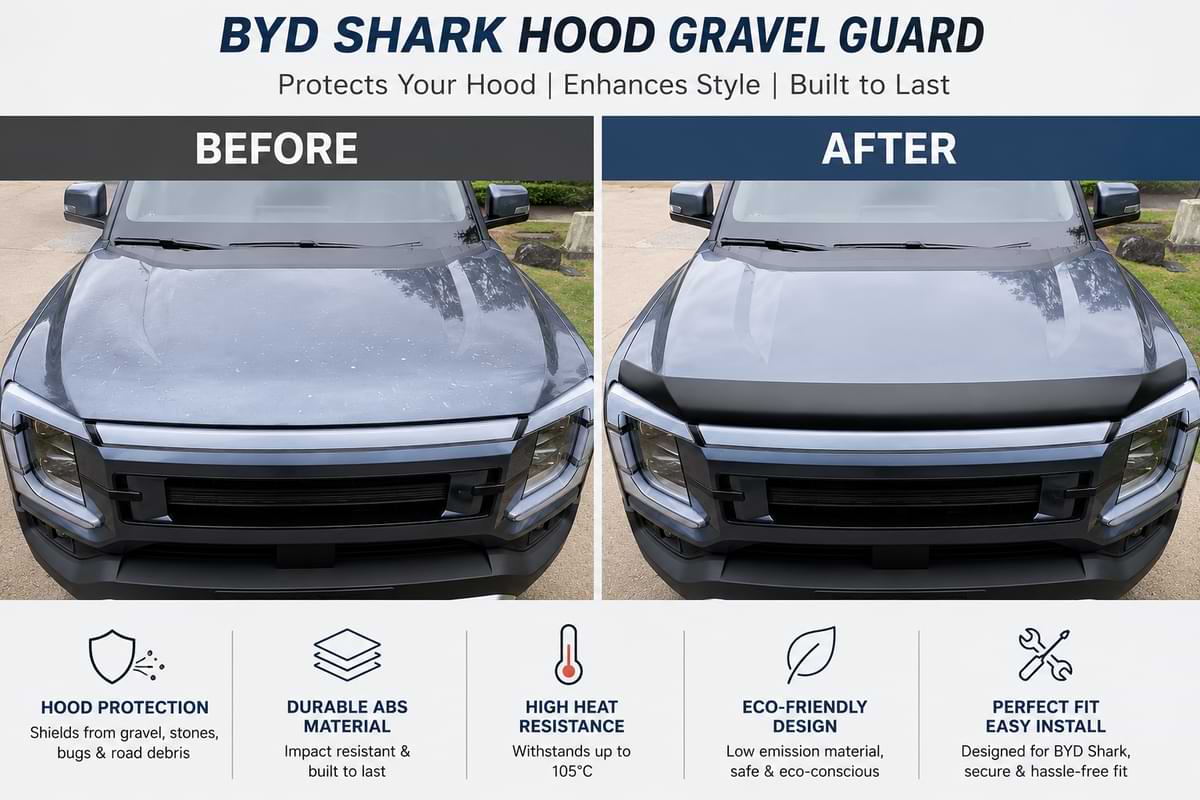 Before and after comparison of BYD Shark hood with gravel guard installed for bonnet protection
