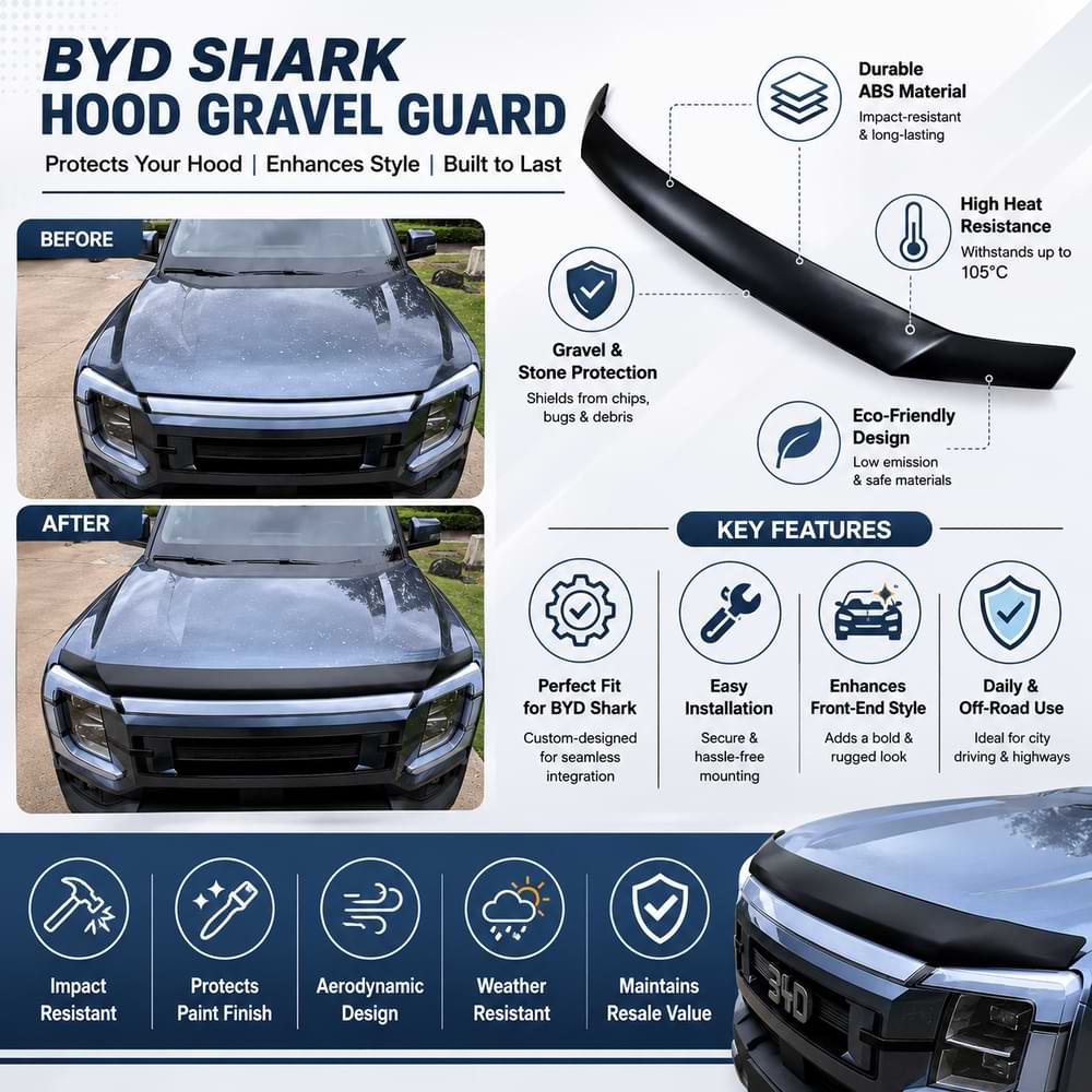 BYD Shark hood gravel guard infographic showing product features, protection benefits, and before after installation comparison