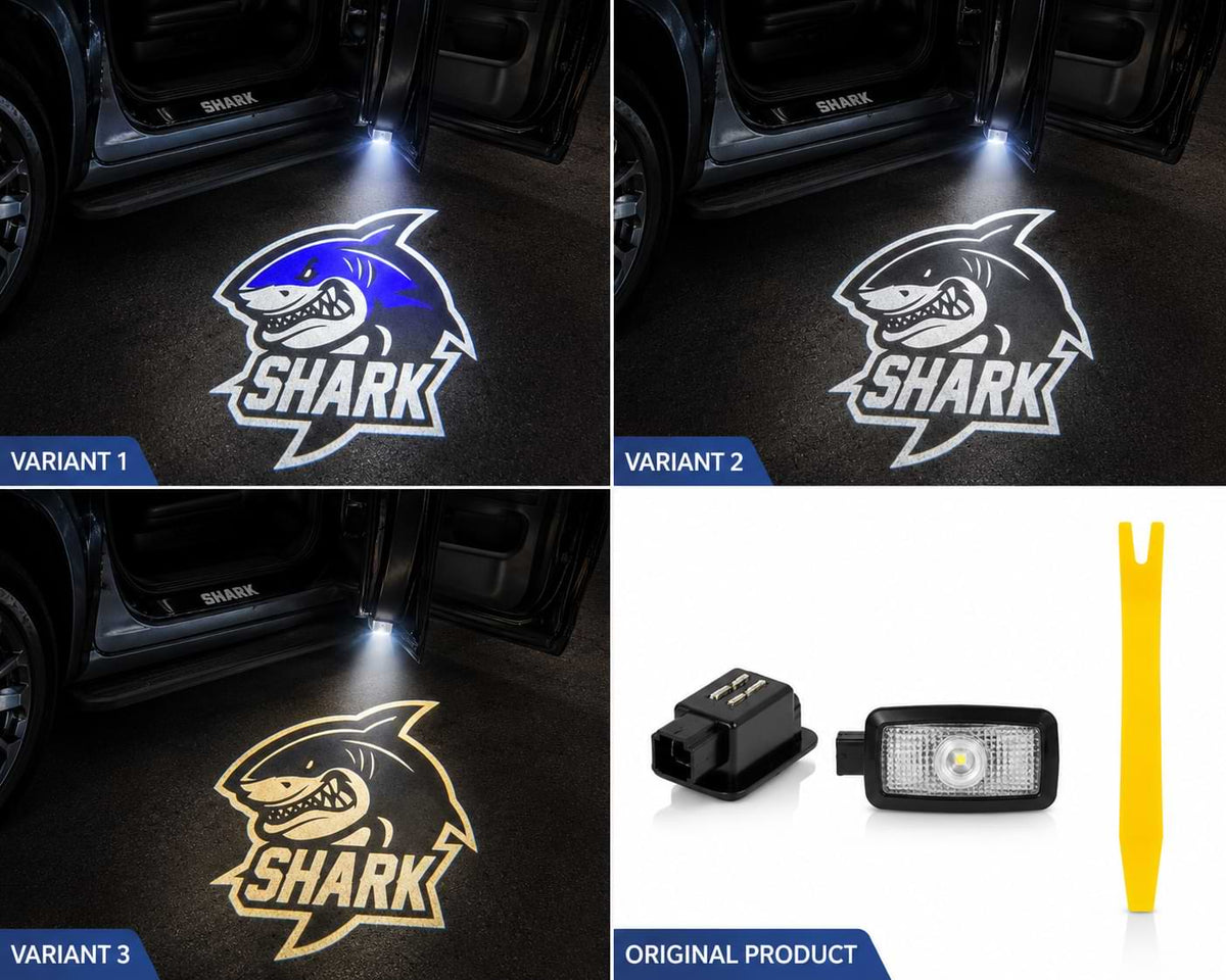 BYD Shark LED door welcome light variants collage with original product components