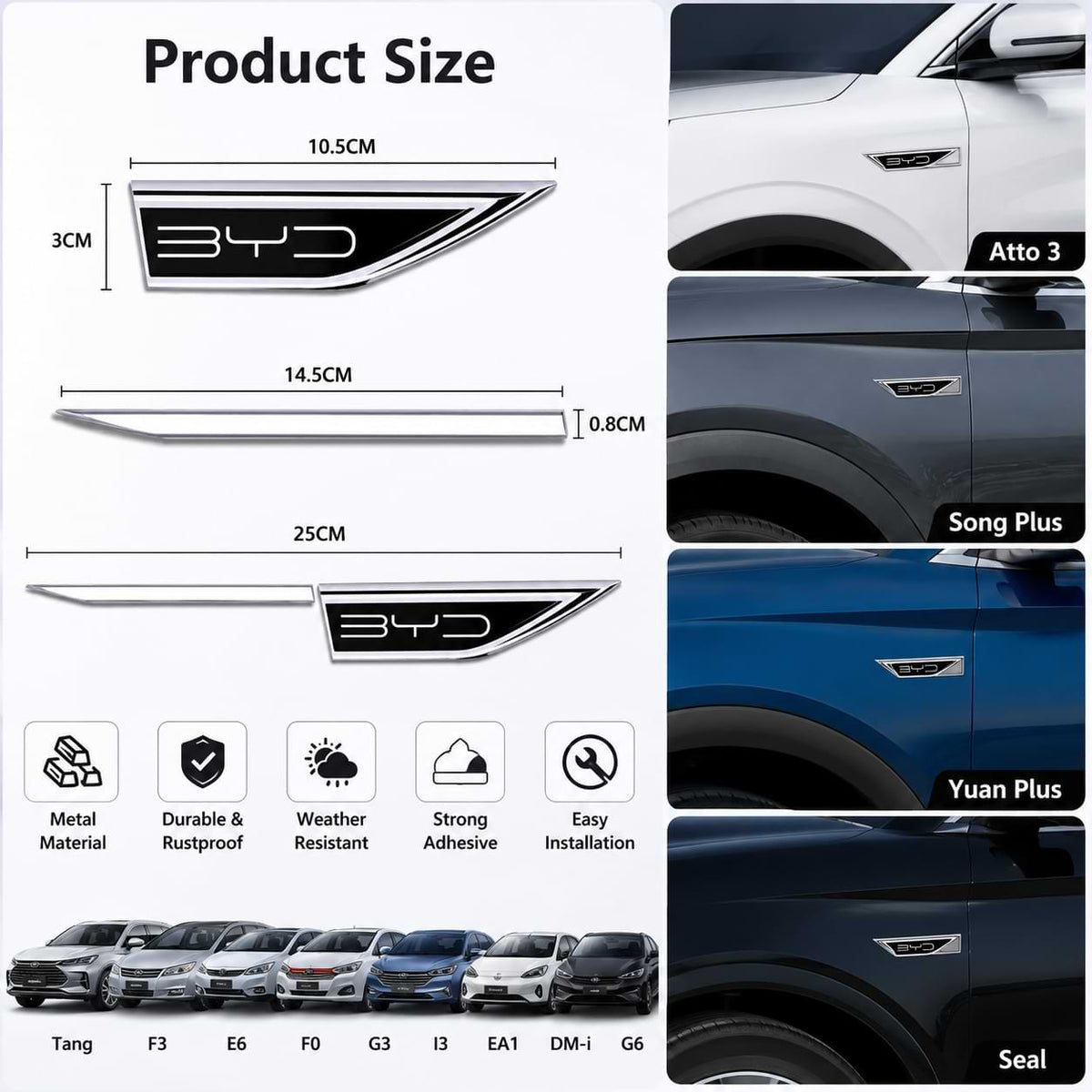 BYD Car Body Side Fender Trim Sticker 25×3CM Decorative Blade Badge Accessories
