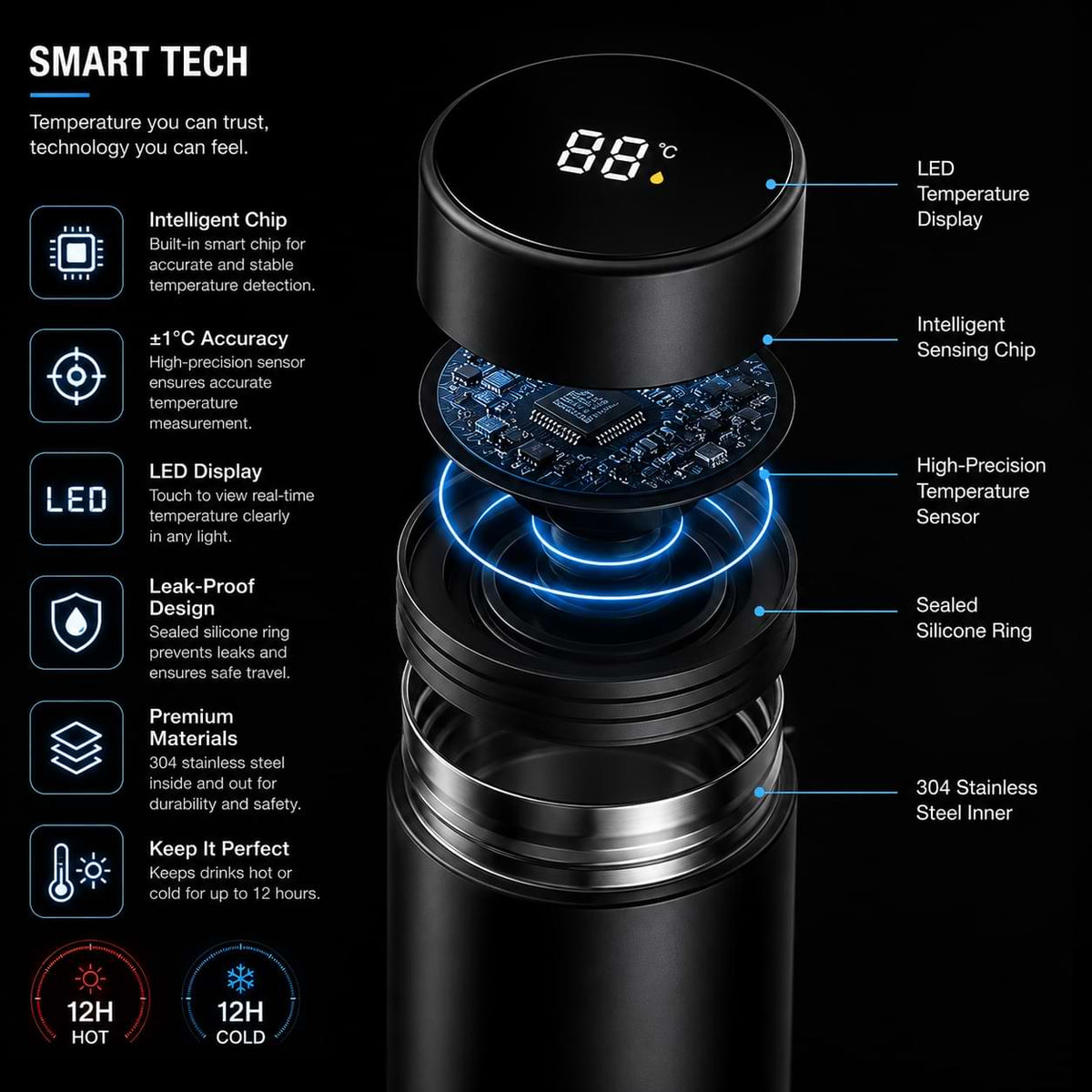 byd Smart temperature display vacuum insulated stainless steel water bottle with LED touch screen lid and waterproof design