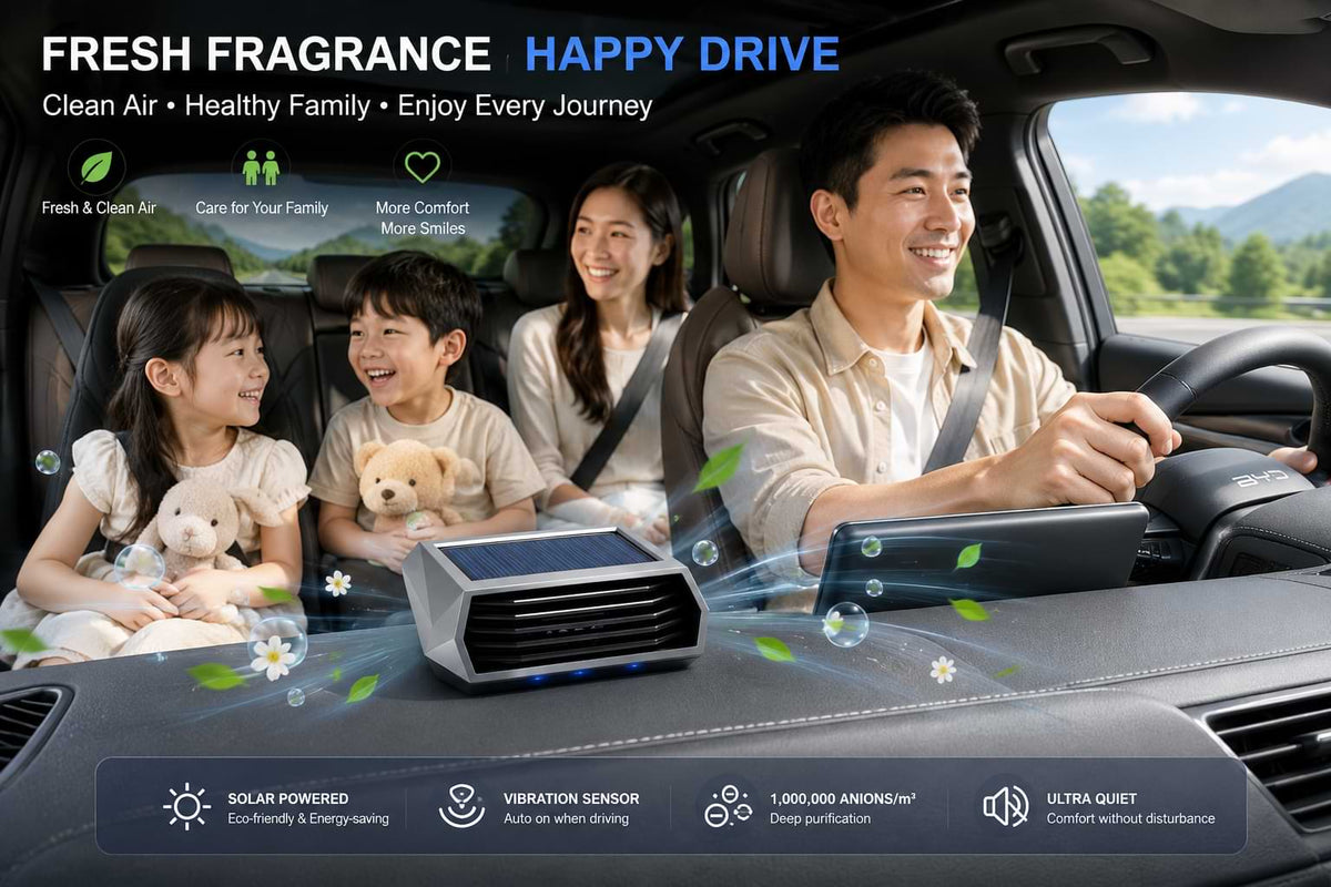 Technical specifications of the solar-powered car air purifier featuring automatic operation, deodorization, and dual power supply.