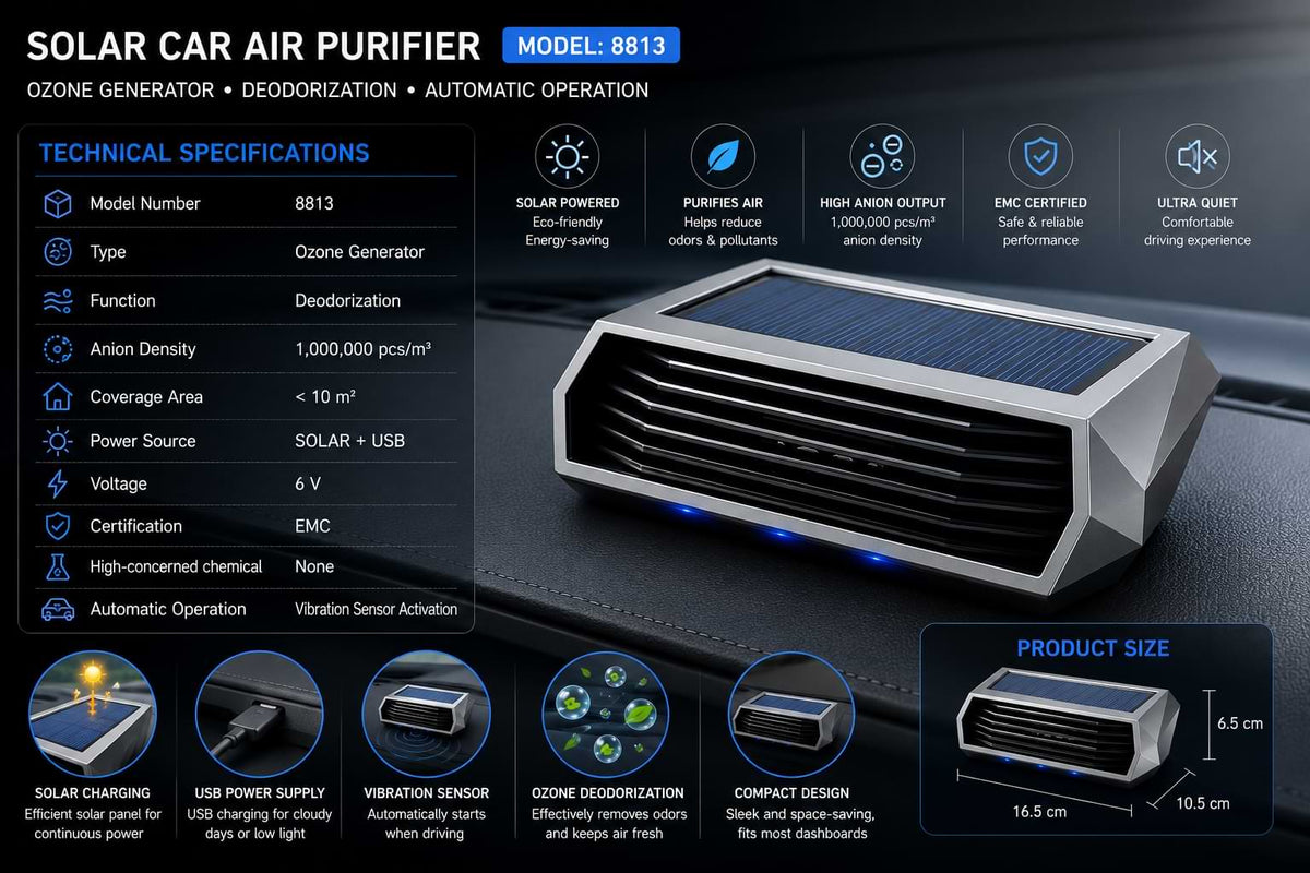 Solar-powered car air purifier model 8813 showing ozone deodorization, 1,000,000 anions per cubic meter output, USB charging, and 6V operation.