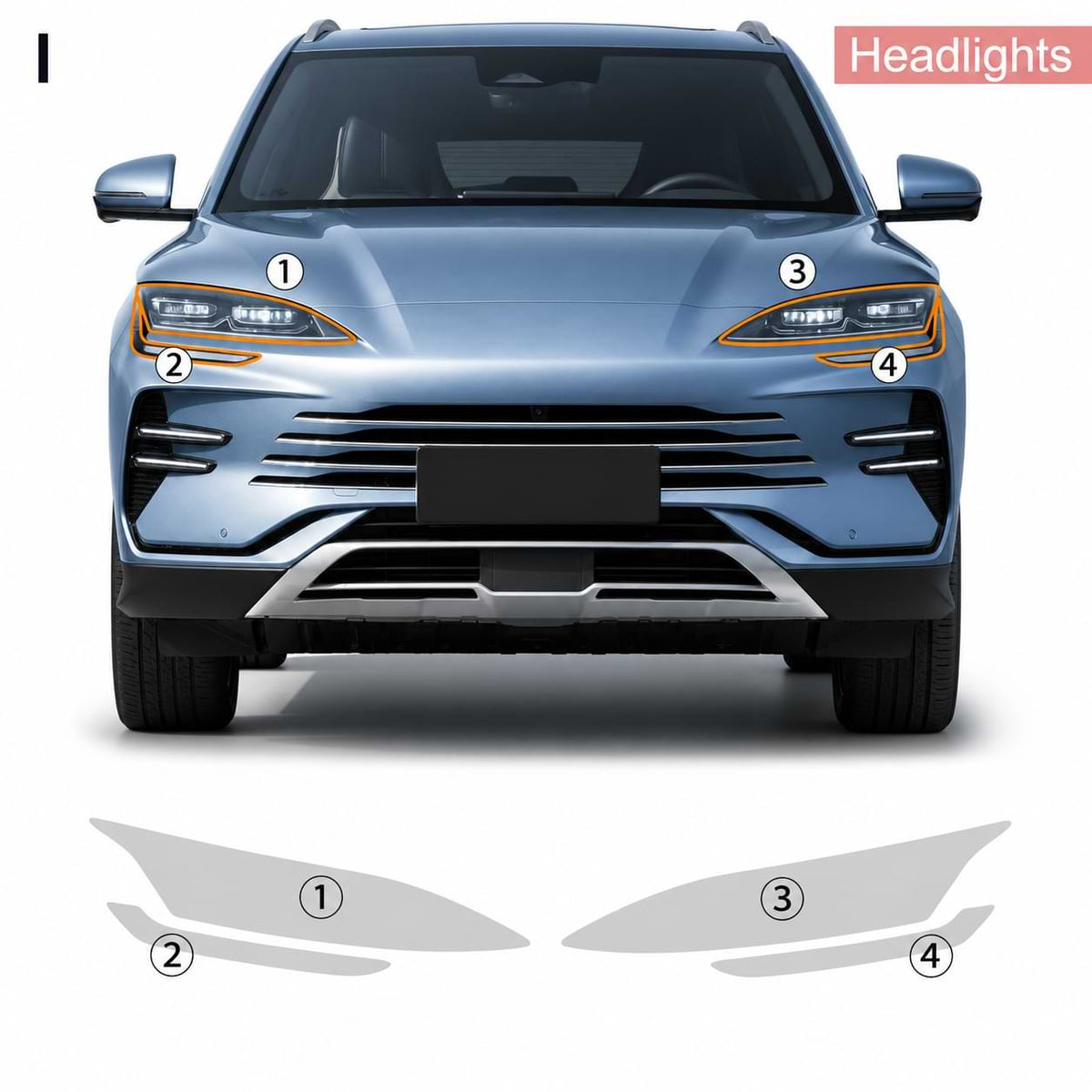 BYD Song Plus DM-i and Sealion 6 DM-i headlight TPU protection film installation diagram for 2023-2025 models