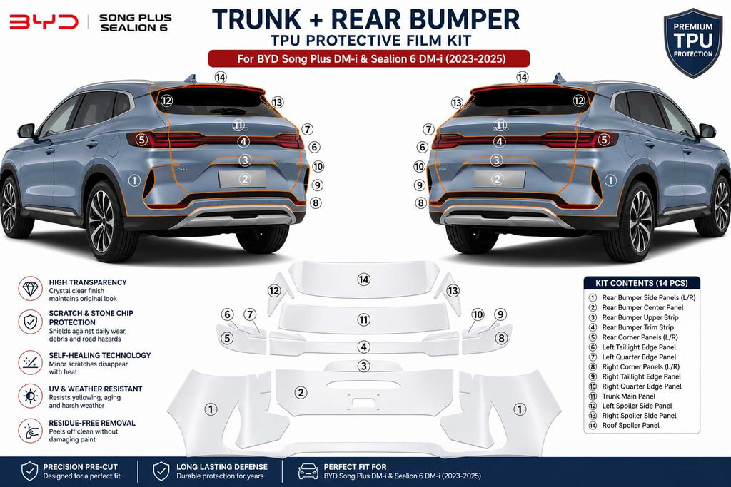 BYD Song Plus and Sealion 6 DM-i rear trunk and bumper TPU paint protection film installation diagram by BYD Accessories Store