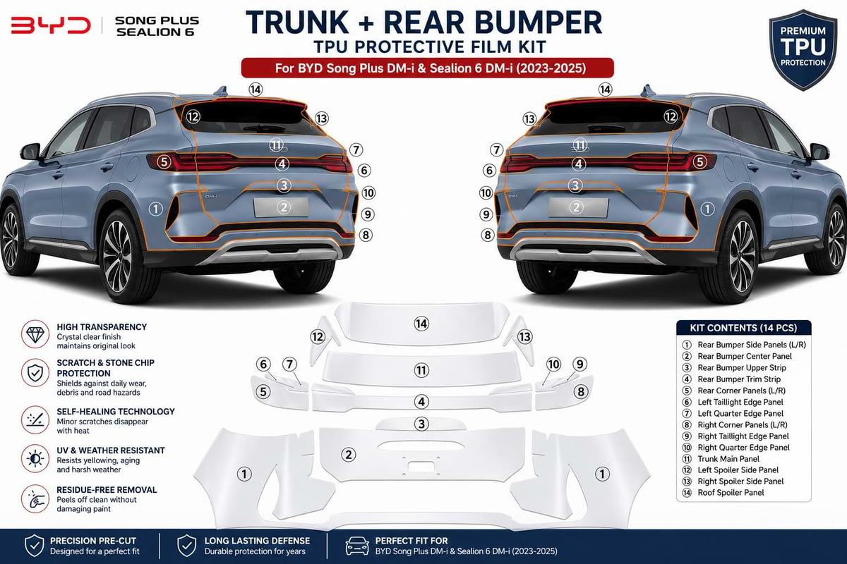 BYD Song Plus and Sealion 6 DM-i rear trunk and bumper TPU paint protection film installation diagram by BYD Accessories Store