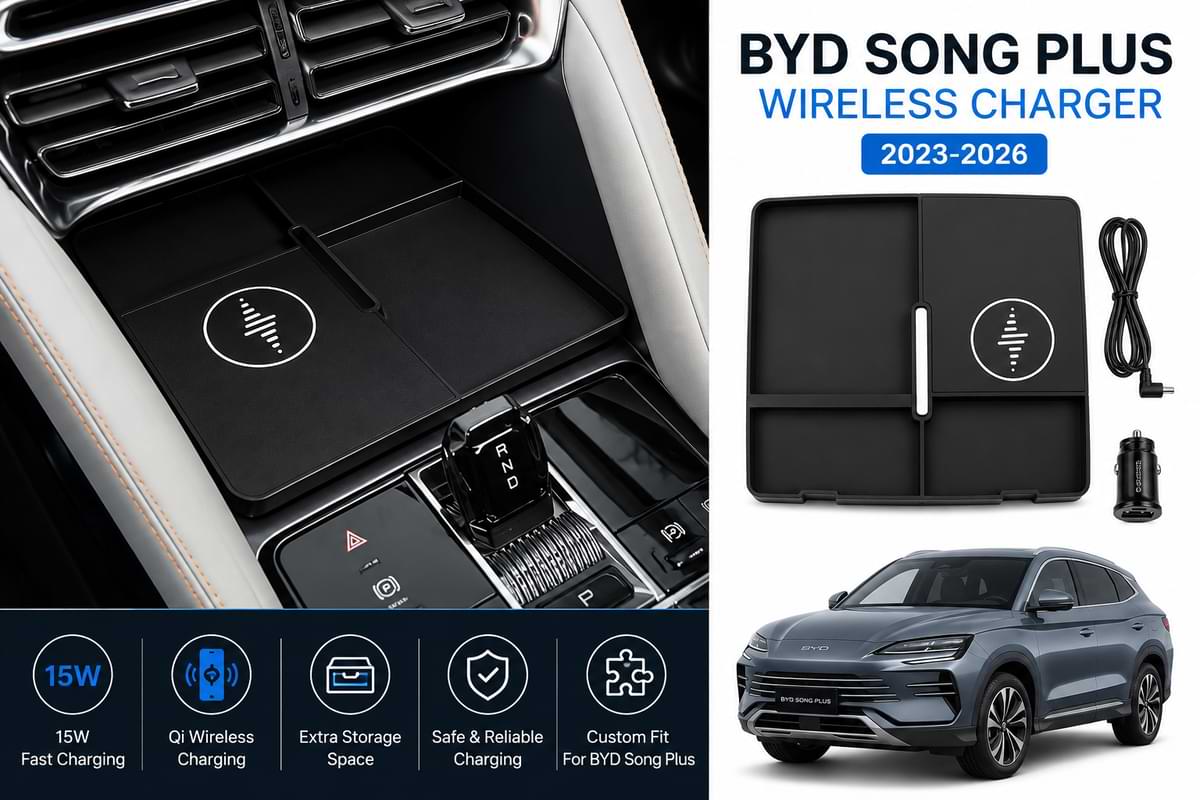 BYD Song Plus wireless charger with integrated phone charging tray and center console storage for 2023-2026 models.