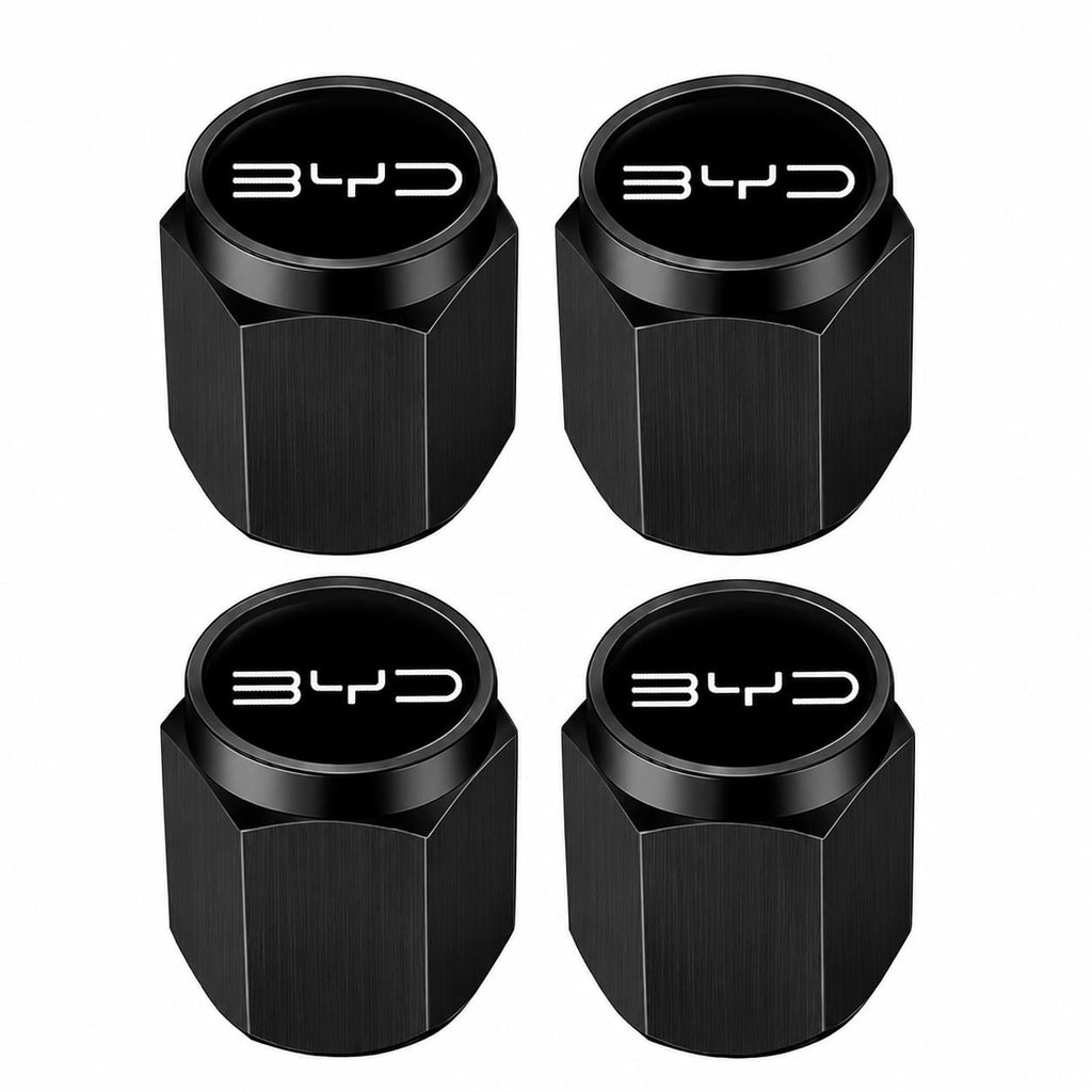 Four black tire valve stem caps with 'BYD' logo on a white background
