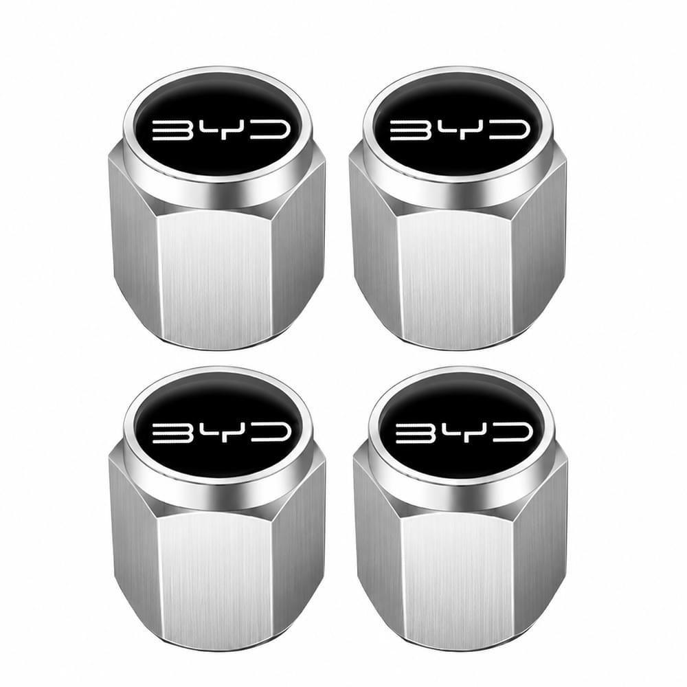 Four silver BYD branded valve stem caps on a white background