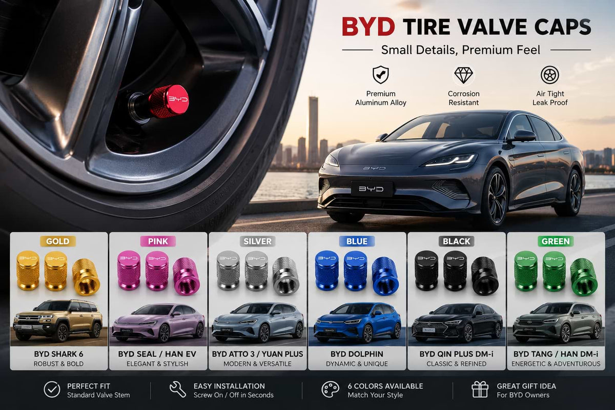 BYD Tire Valve Caps in 6 Colors for Shark 6, Seal, Atto 3, Dolphin, Han EV and Qin Plus DM-i