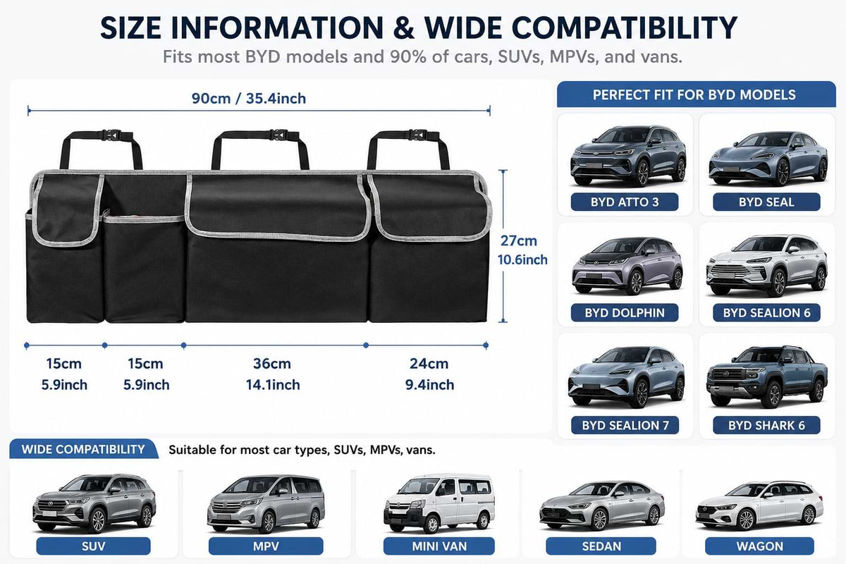 BYD Trunk Organizer Size Guide and Vehicle Compatibility Chart