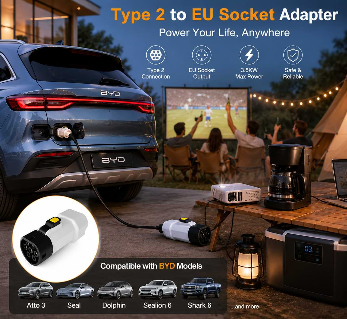 BYD V2L Type 2 Vehicle-to-Load Adapter for Home Appliances