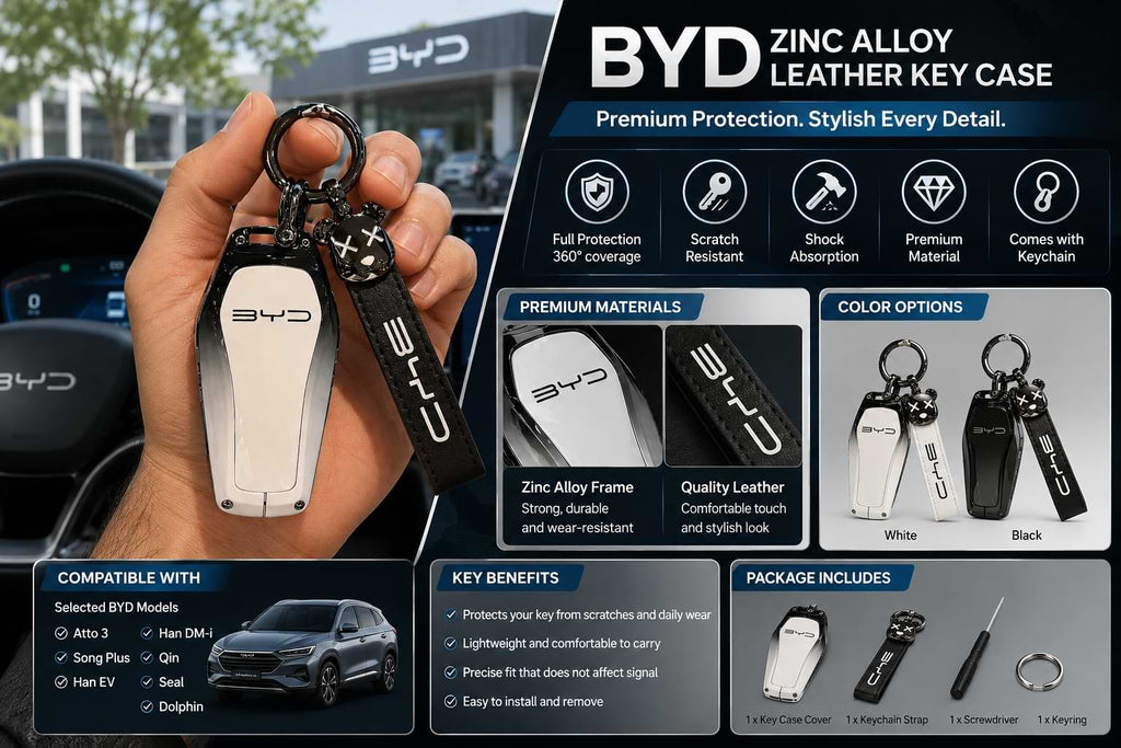 Premium Zinc Alloy Leather Key Case Cover for BYD Atto 3, Song Plus, Han, Qin, Seal & Dolphin Key Fob