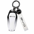 Premium zinc alloy and leather car key case cover with keychain for BYD Song Plus, Atto 3, Han EV, Qin, Seal and Dolphin smart key fob protection.