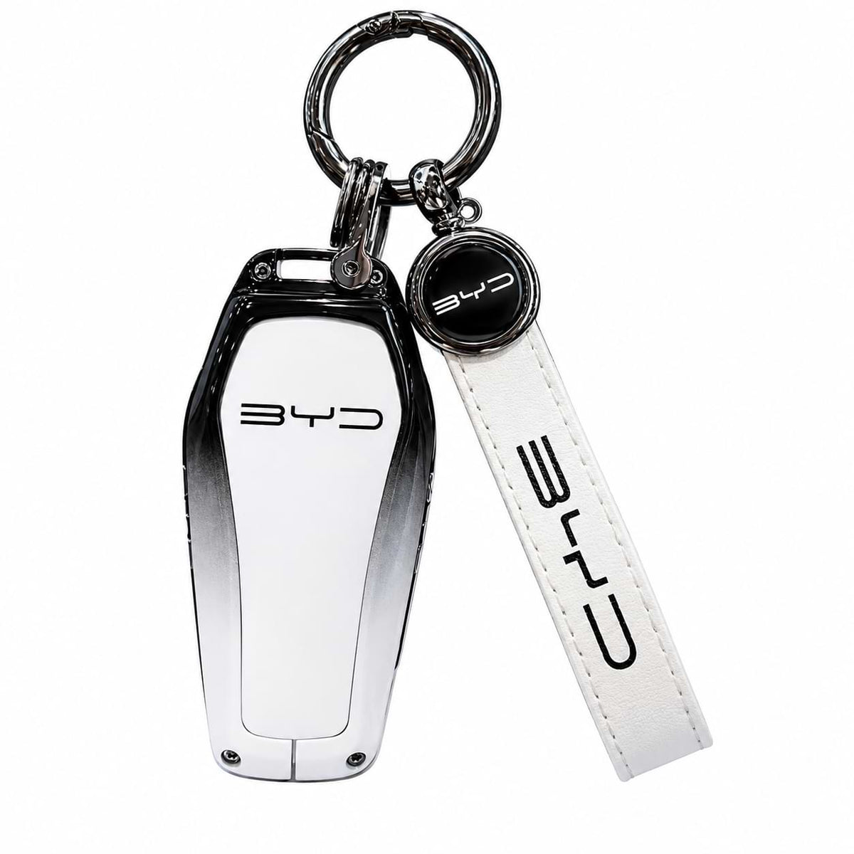 Premium zinc alloy and leather car key case cover with keychain for BYD Song Plus, Atto 3, Han EV, Qin, Seal and Dolphin smart key fob protection.
