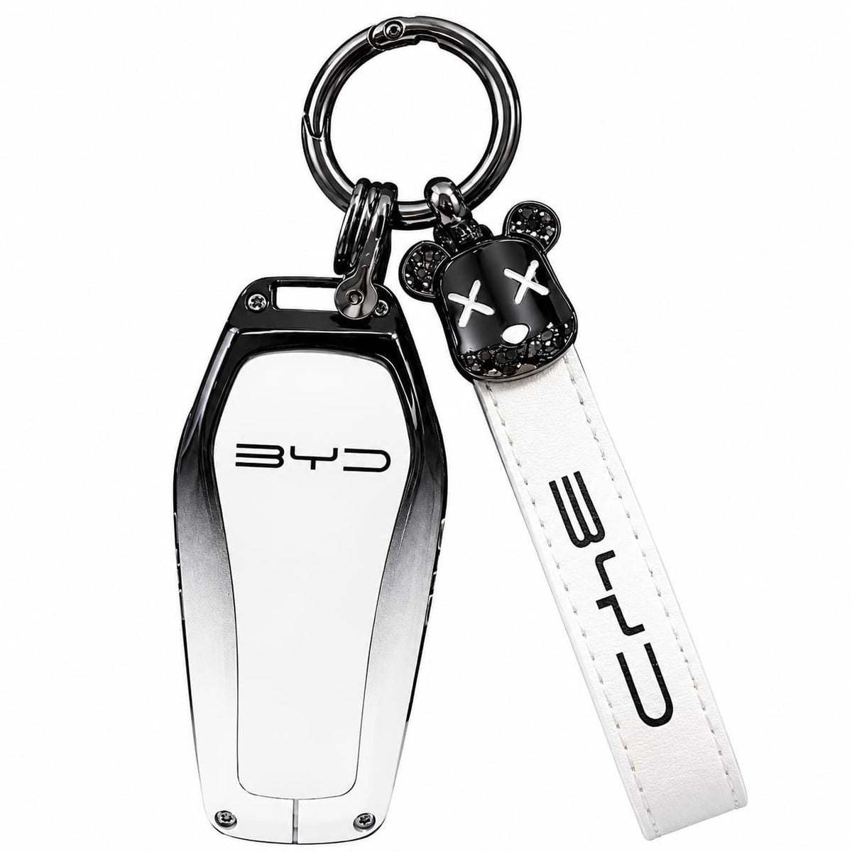 Premium zinc alloy and leather car key case cover with keychain for BYD Song Plus, Atto 3, Han EV, Qin, Seal and Dolphin smart key fob protection.