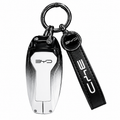 Premium zinc alloy and leather car key case cover with keychain for BYD Song Plus, Atto 3, Han EV, Qin, Seal and Dolphin smart key fob protection.