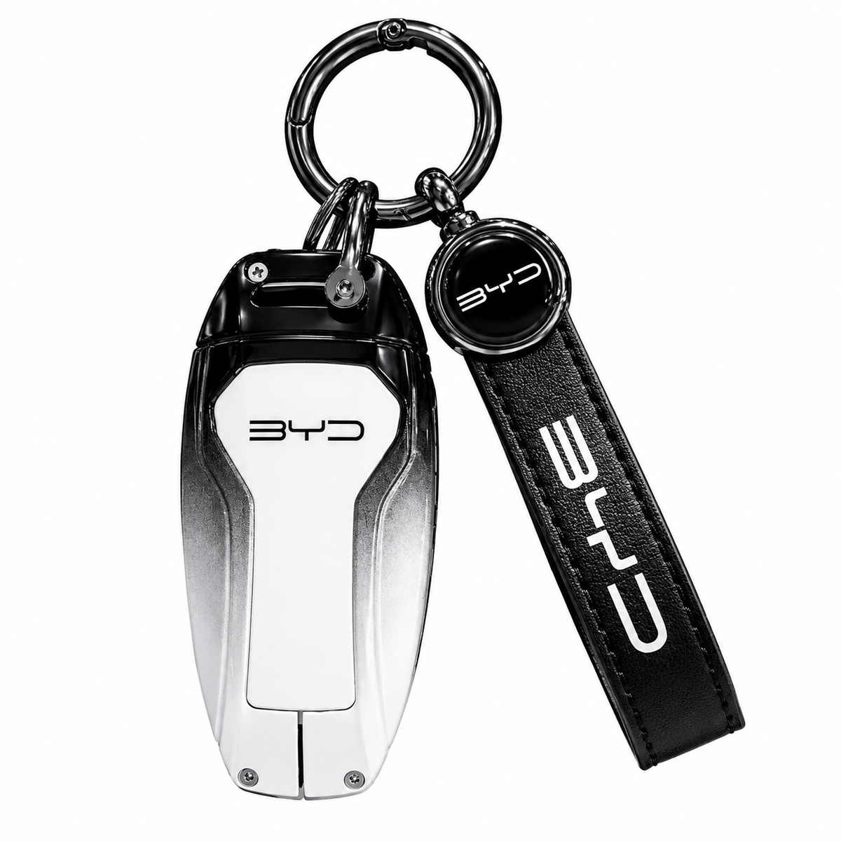 Premium zinc alloy and leather car key case cover with keychain for BYD Song Plus, Atto 3, Han EV, Qin, Seal and Dolphin smart key fob protection.