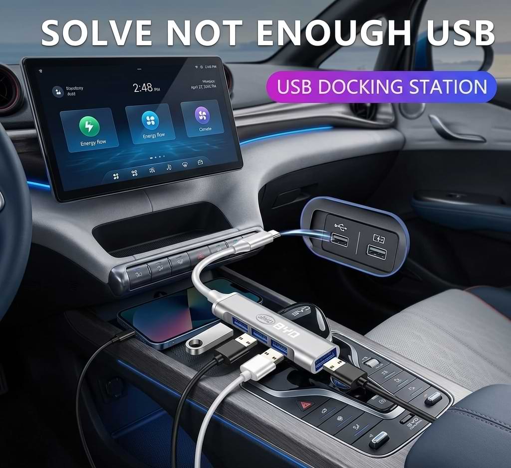 byd USB docking station in a car console with multiple devices connected