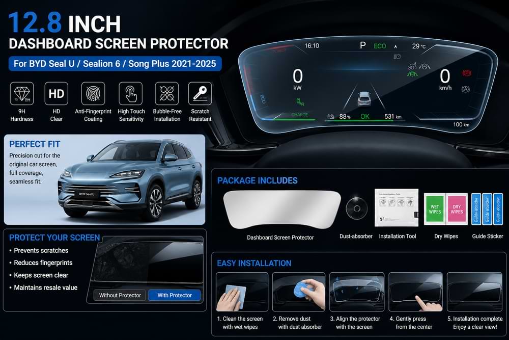 Dashboard screen protector for BYD vehicles with installation steps and product features.