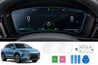 Car dashboard with digital display and a blue SUV in the corner.