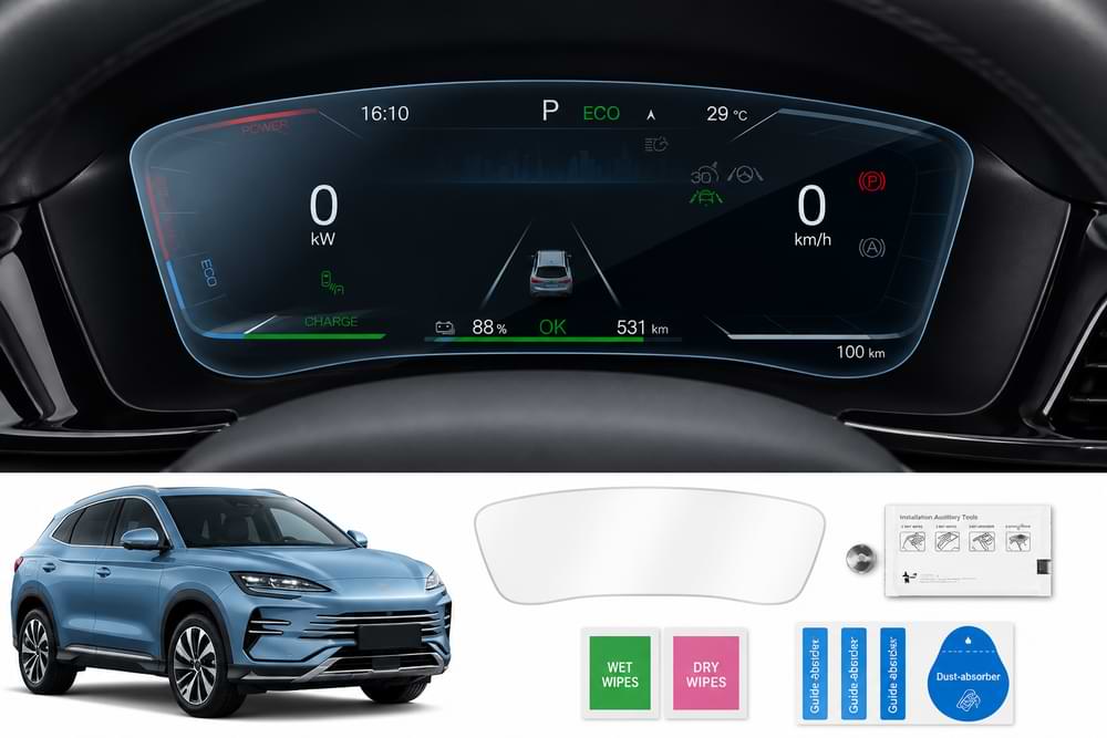 Car dashboard with digital display and a blue SUV in the corner.