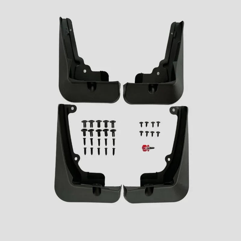 Black durable matte-finish mud flaps set with mounting screws for BYD car protection.