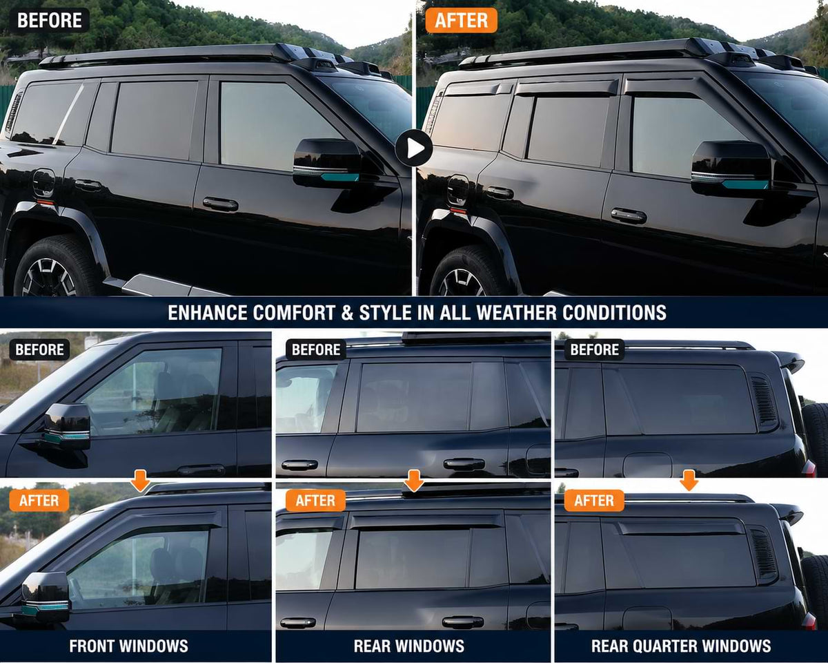 Before and after comparison of DENZA B8 Leopard 8 2025-2026 with custom-fit window visors showing improved rain protection and exterior styling.