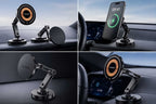 15W magnetic wireless car charger holder shown in multiple product views inside a BYD vehicle with adjustable dashboard mount and MagSafe-compatible charging