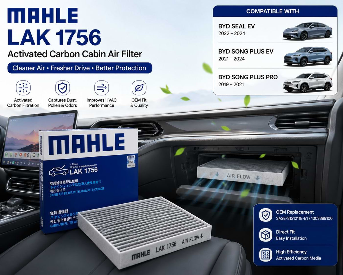 MAHLE LAK1756 activated carbon cabin air filter installed in BYD Seal EV and BYD Song Plus EV dashboard HVAC system for cleaner cabin air and improved climate control performance.