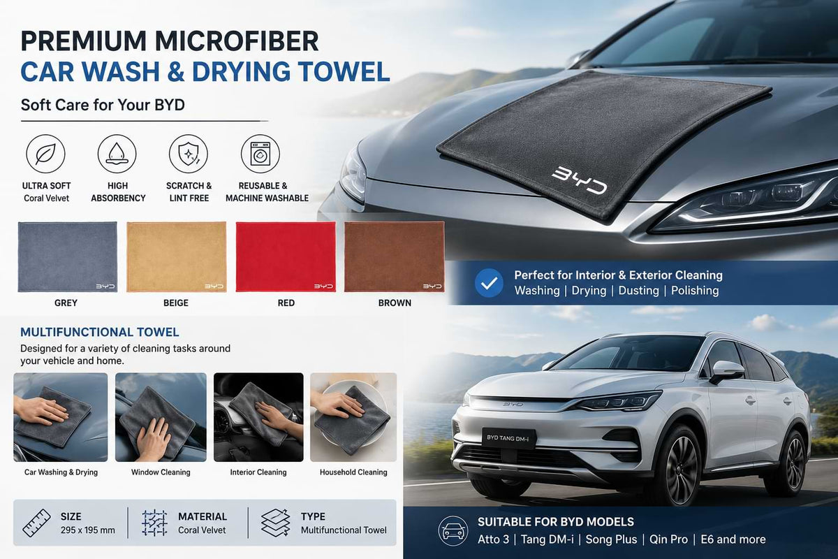 Premium coral velvet microfiber car wash and drying towel for BYD Atto 3, Tang DM-i, Song Plus, Qin Pro and E6 EV, scratch-free cleaning cloth for interior and exterior vehicle care.