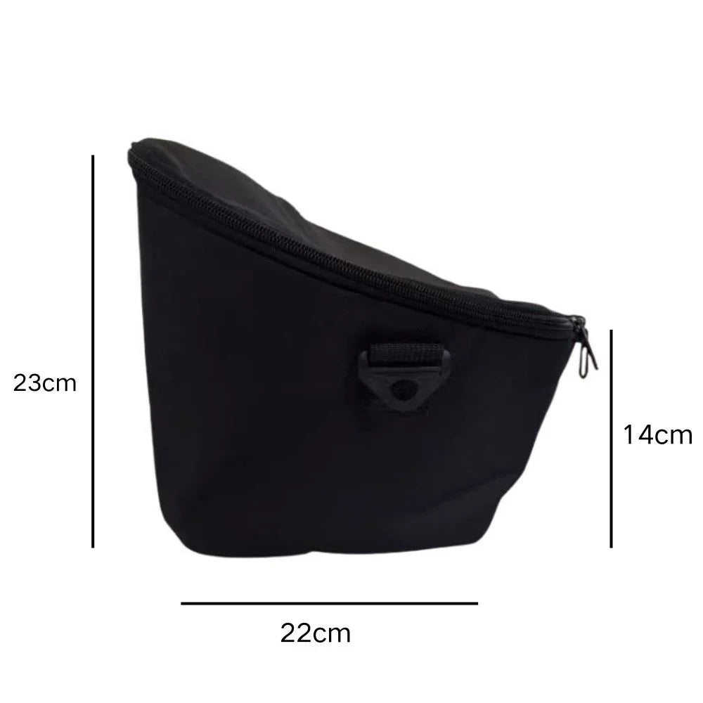 Black durable fabric storage pouch with zipper, measuring 23cm x 22cm x 14cm.
