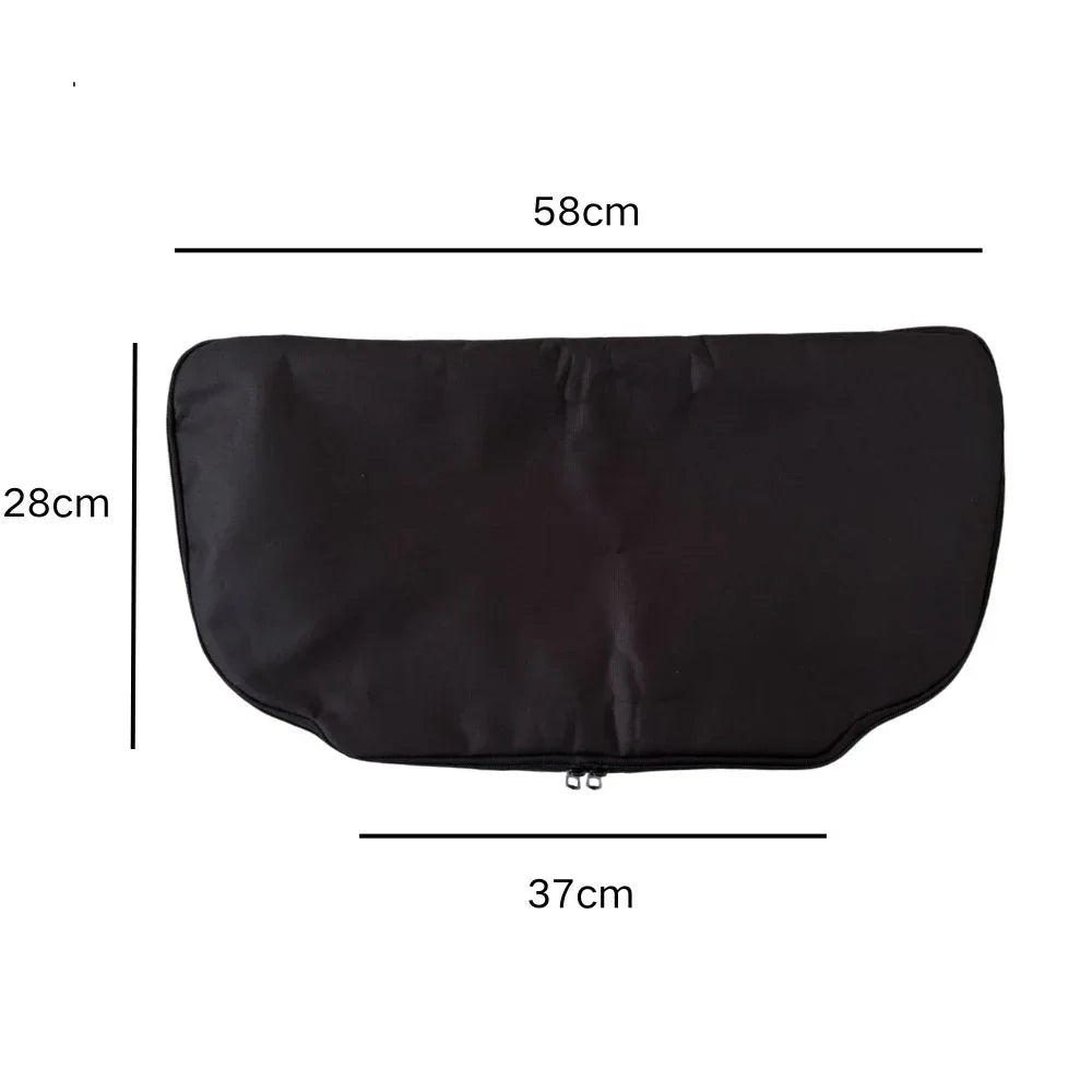 Black fabric car seat protector measuring 58cm x 28cm for durable interior protection.