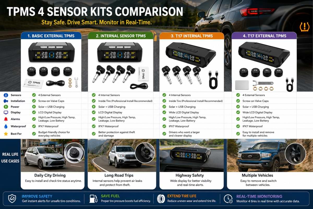 Real-life TPMS comparison infographic showing internal and external tire pressure monitoring systems for cars and trucks
