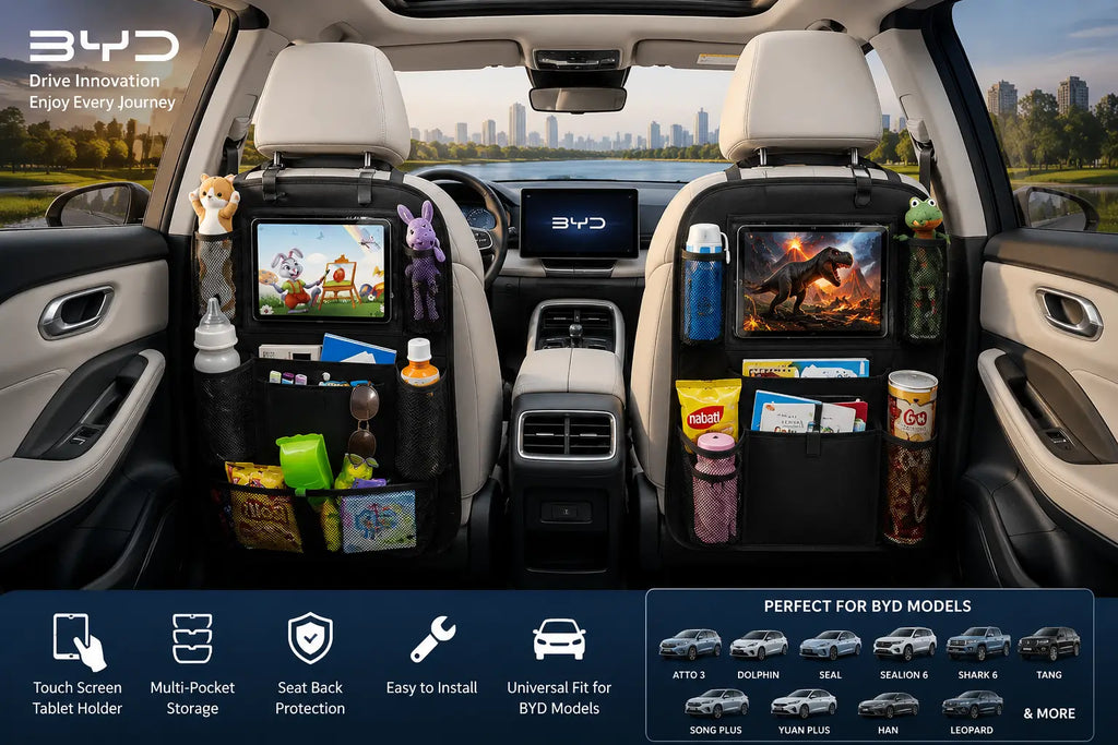 Universal car backseat organizer with touch screen tablet holder installed in a BYD vehicle interior, featuring multiple storage pockets for drinks, toys, snacks, and travel essentials.