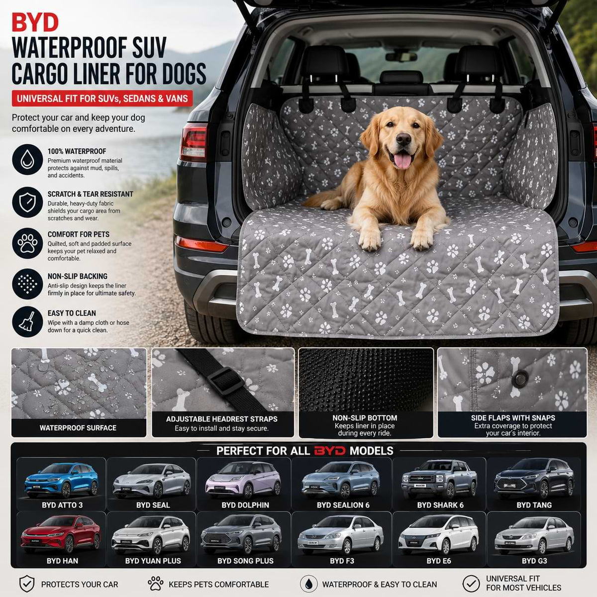 Waterproof SUV Cargo Liner for Dogs | Universal Dog Seat Cover for BYD SUVs, Sedans & Vans