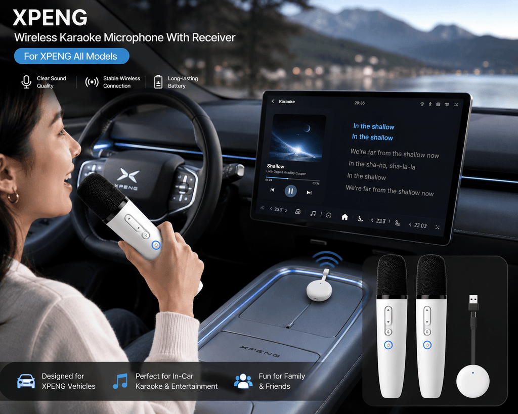 XPeng wireless karaoke microphone with receiver inside car